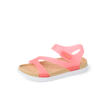 Little Cali Coastin pink girls’ sandal facing right, close-up of cushioned footbed and straps, beach-inspired comfort.