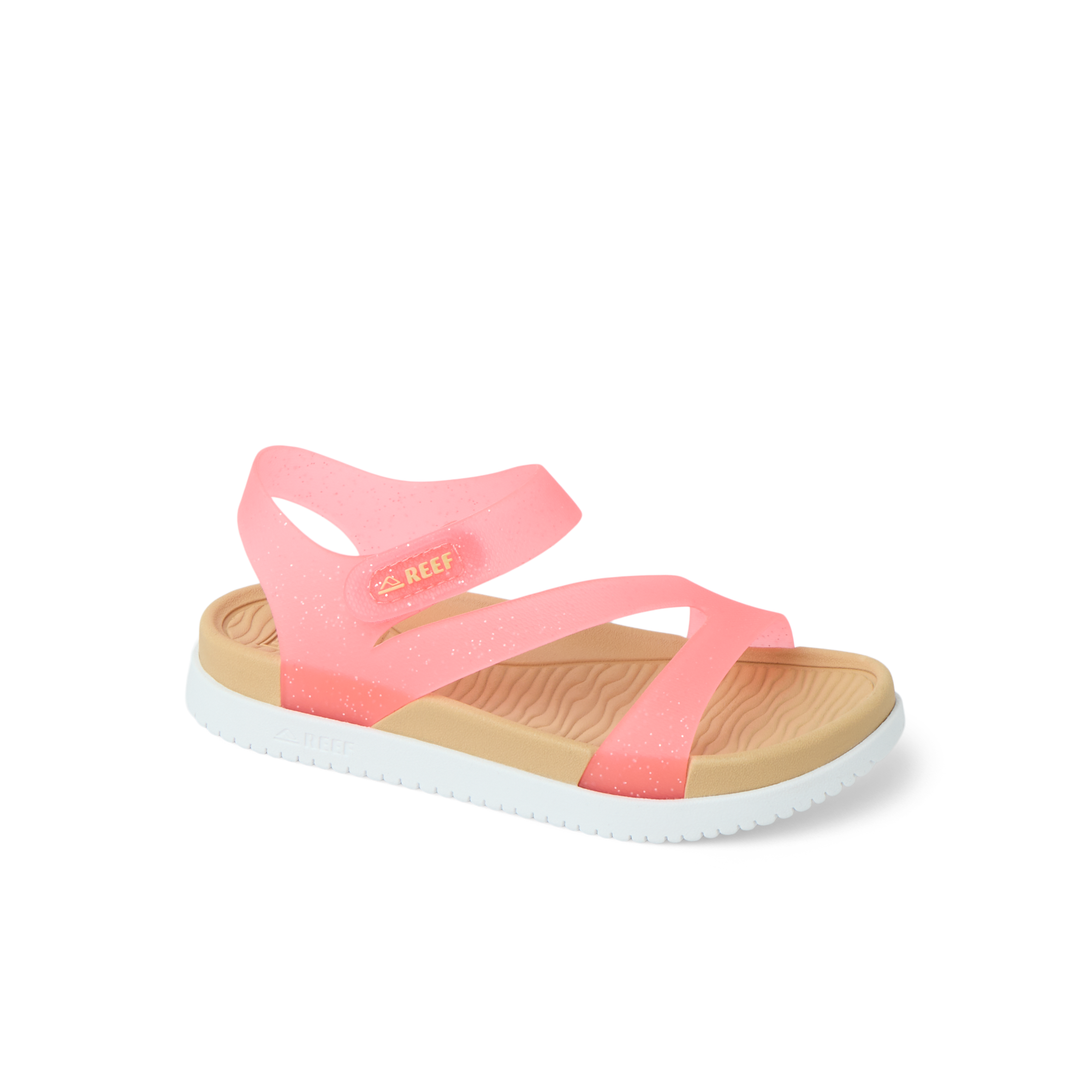 Little Cali Coastin girls' sandal facing right, pink glitter straps, soft cushioned footbed, beach-inspired comfort.