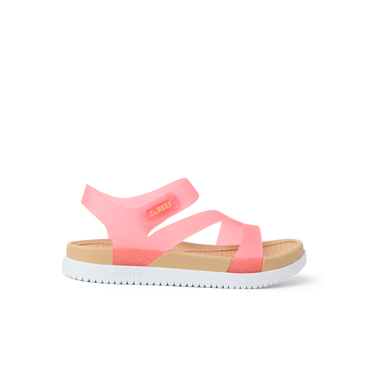 Little Cali Coastin sandal for girls facing left, showing lightweight pink straps and cushioned arch support sole.