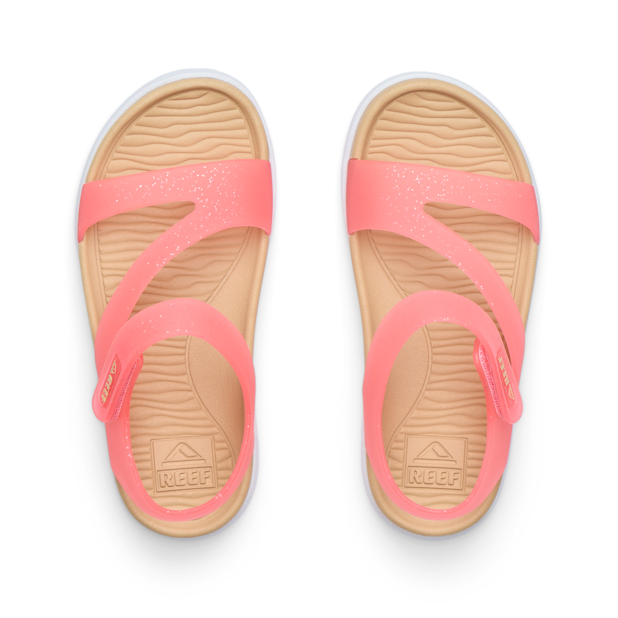 Little Cali Coastin girls’ sandals top view, pink with glitter straps, featuring comfort and arch support for littles.