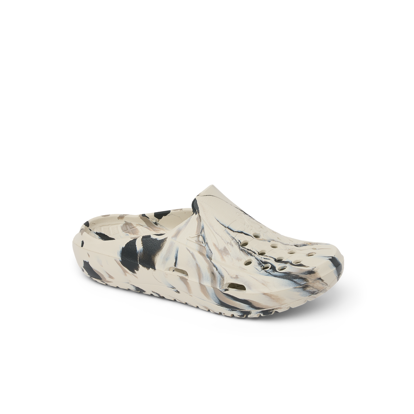 A single slip-on clog-style shoe with a marbled pattern in beige, black, and gray, shown on a clean white background.