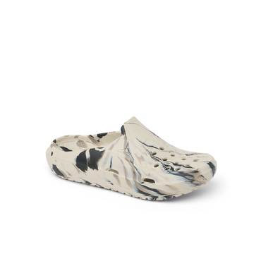 A single slip-on clog-style shoe with a marbled pattern in beige, black, and gray, shown on a clean white background.