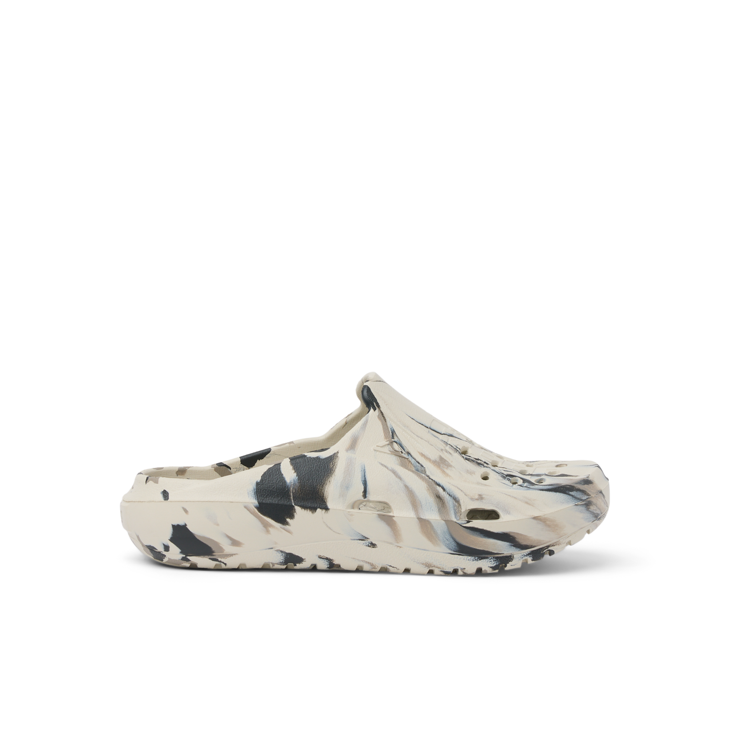 A single Croc-style clog shoe in a marbled cream, beige, black, and gray colorway, shown from a side profile on a clean white background.