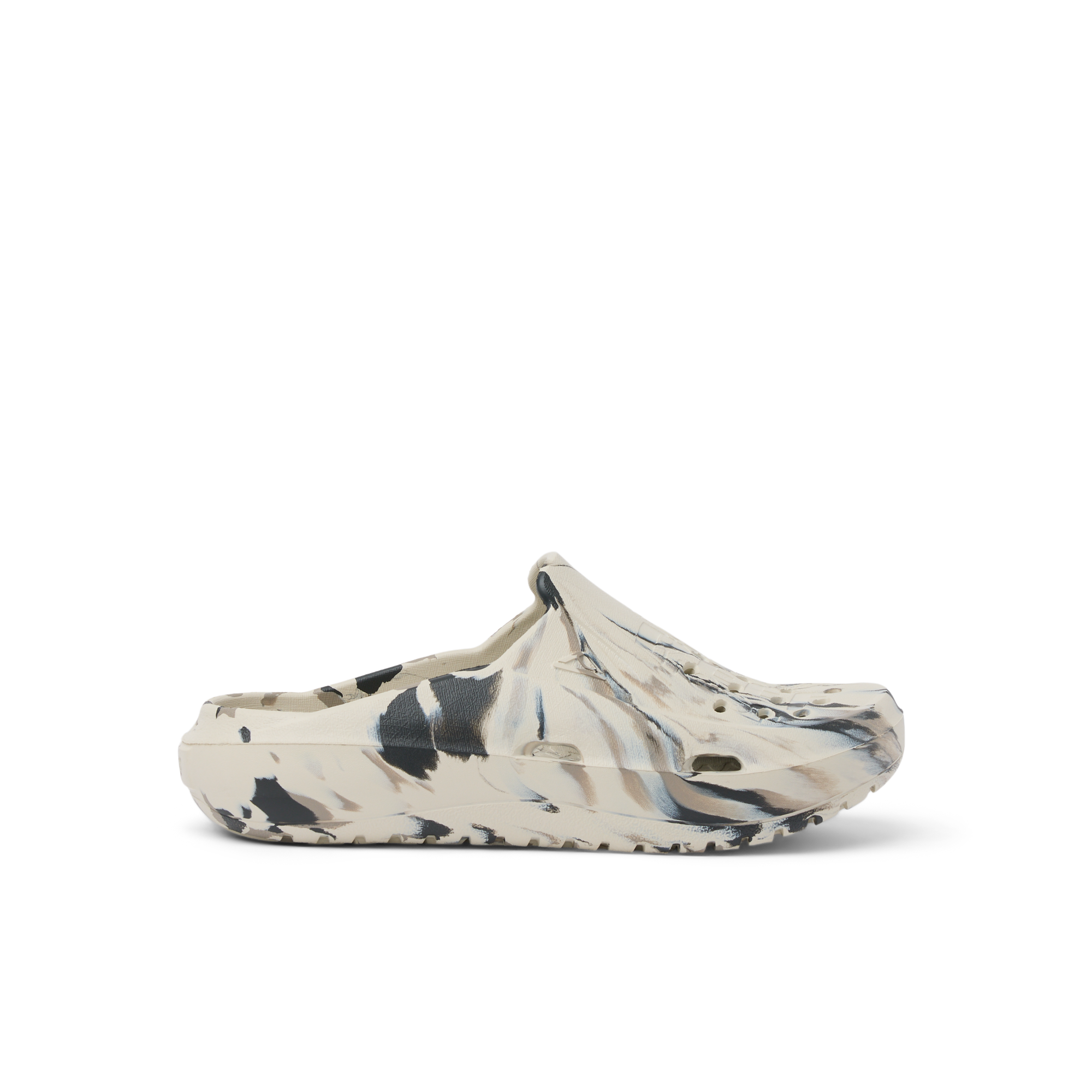 A single Croc-style clog shoe in a marbled cream, beige, black, and gray colorway, shown from a side profile on a clean white background.