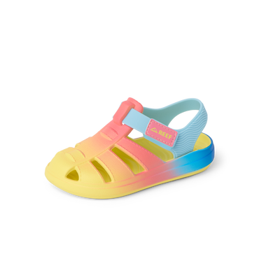 Little Totally Beachin girls’ sandal facing right, showcasing front and side, in blue ombre with arch support and cushioning.