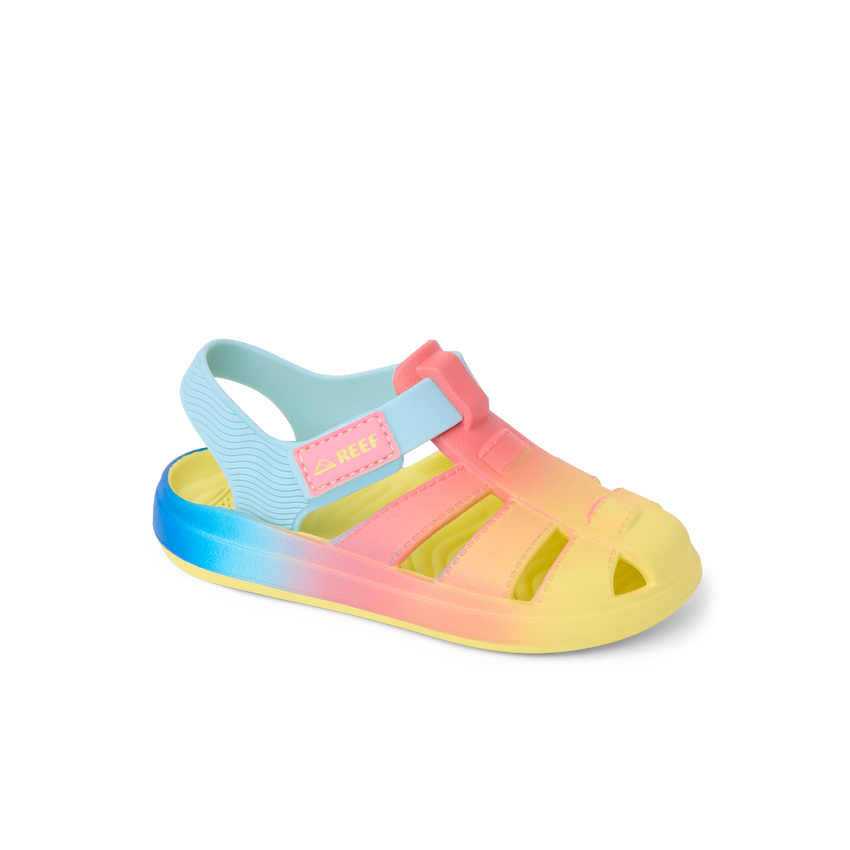 Little Totally Beachin sandal for girls facing left, close-up of front and side with soft cushioning and arch support.