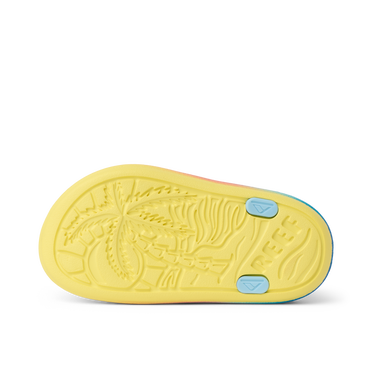 Little Totally Beachin left shoe sole view with palm tree design, water-friendly materials, and anatomical arch support