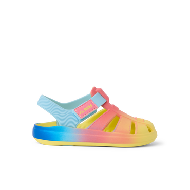 Little Totally Beachin girls sandal facing left, blue ombre with anatomical arch support and soft cushioning.
