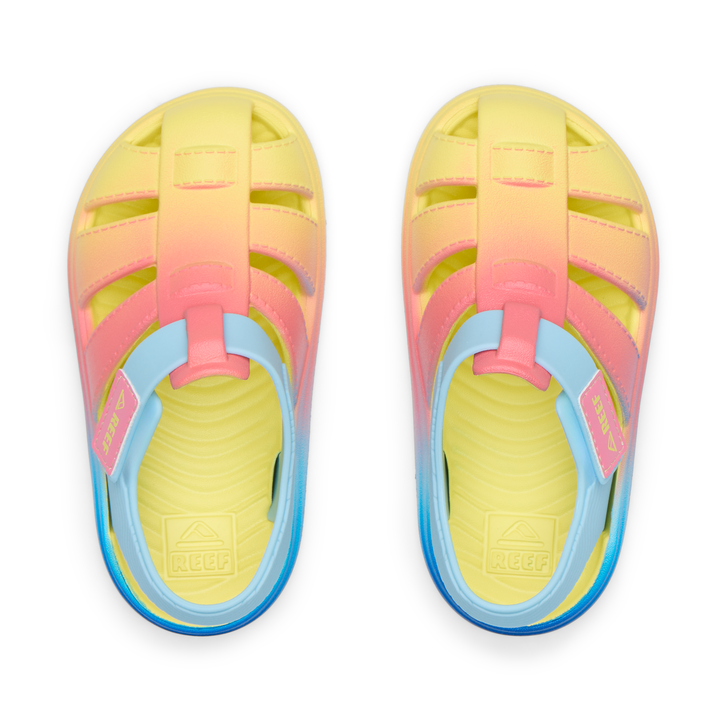 Little Totally Beachin girls’ sandals top view facing upward with surf-inspired comfort and soft-rebound cushioning.