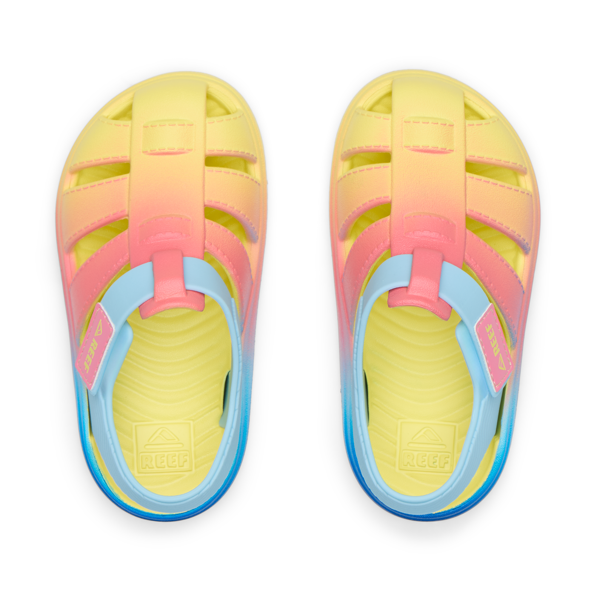 Little Totally Beachin girls’ sandals top view facing upward with surf-inspired comfort and soft-rebound cushioning.