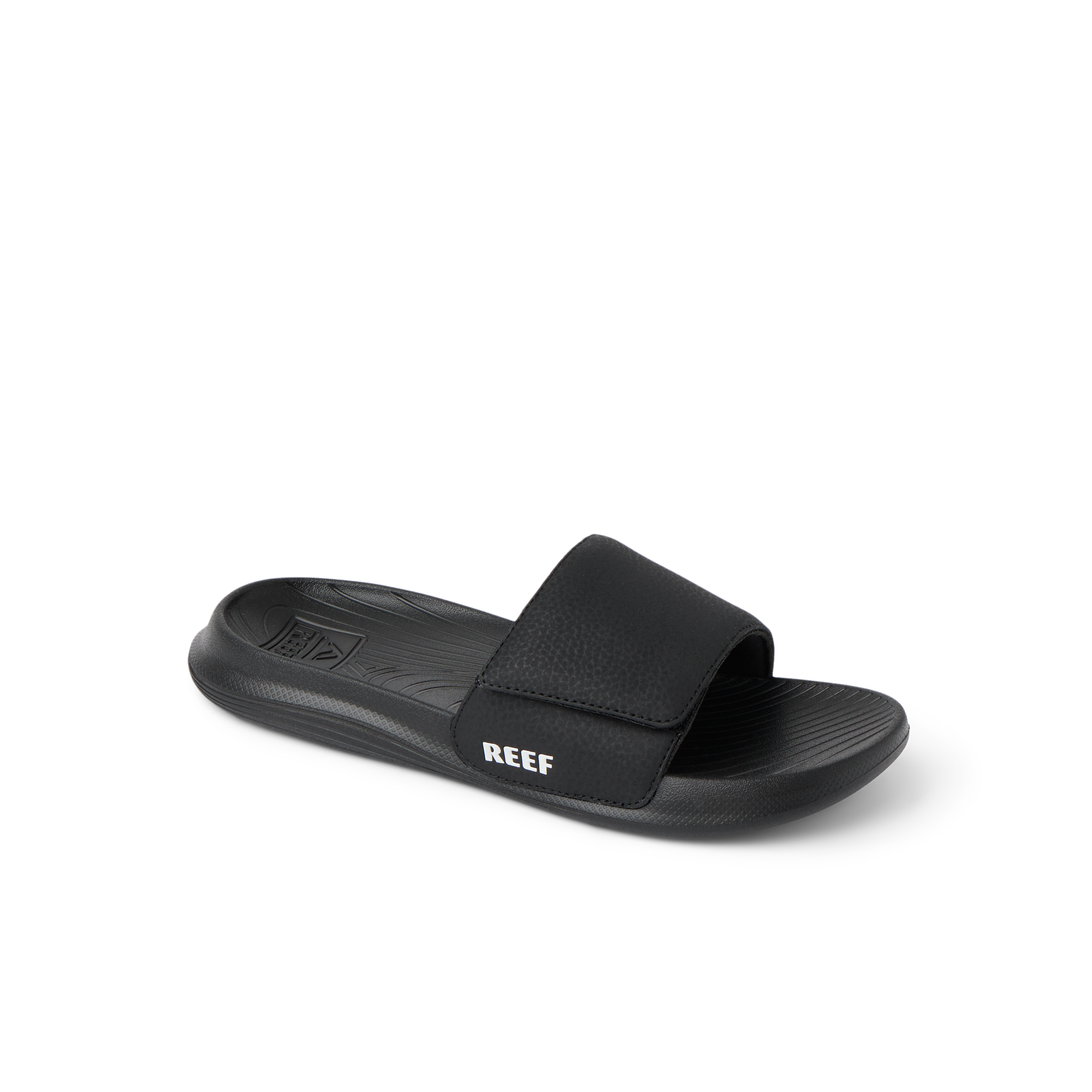 Kids Salty Slide facing right, black and white, beach-inspired slide with anatomical arch support and soft cushioning.