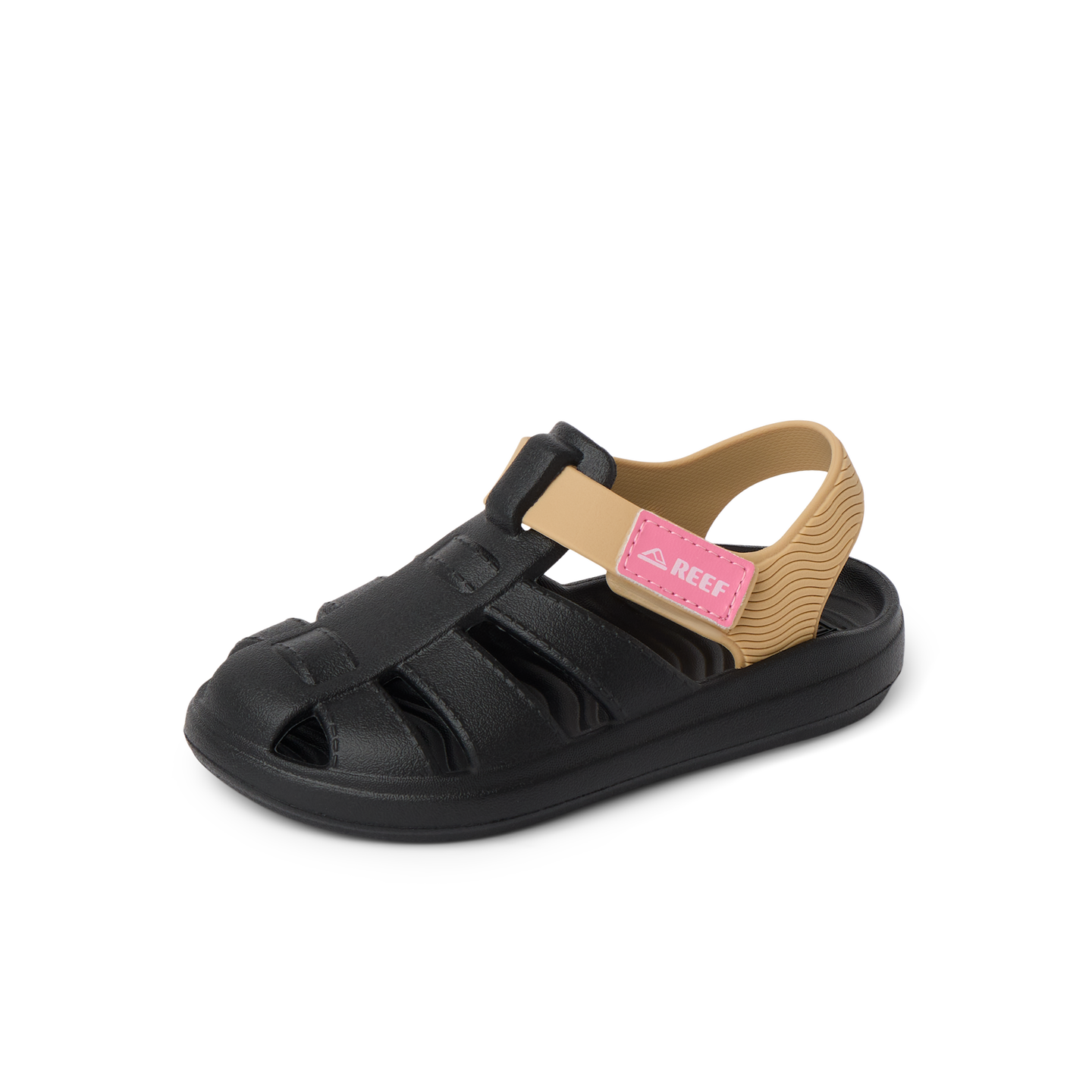 Little Totally Beachin left-facing kids sandal in black and tan with pink strap, showing front and side for beach comfort.