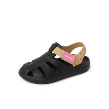 Little Totally Beachin left-facing kids sandal in black and tan with pink strap, showing front and side for beach comfort.
