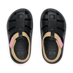 Top view of Little Totally Beachin black and tan girls' sandals with anatomical arch support and soft cushioning.