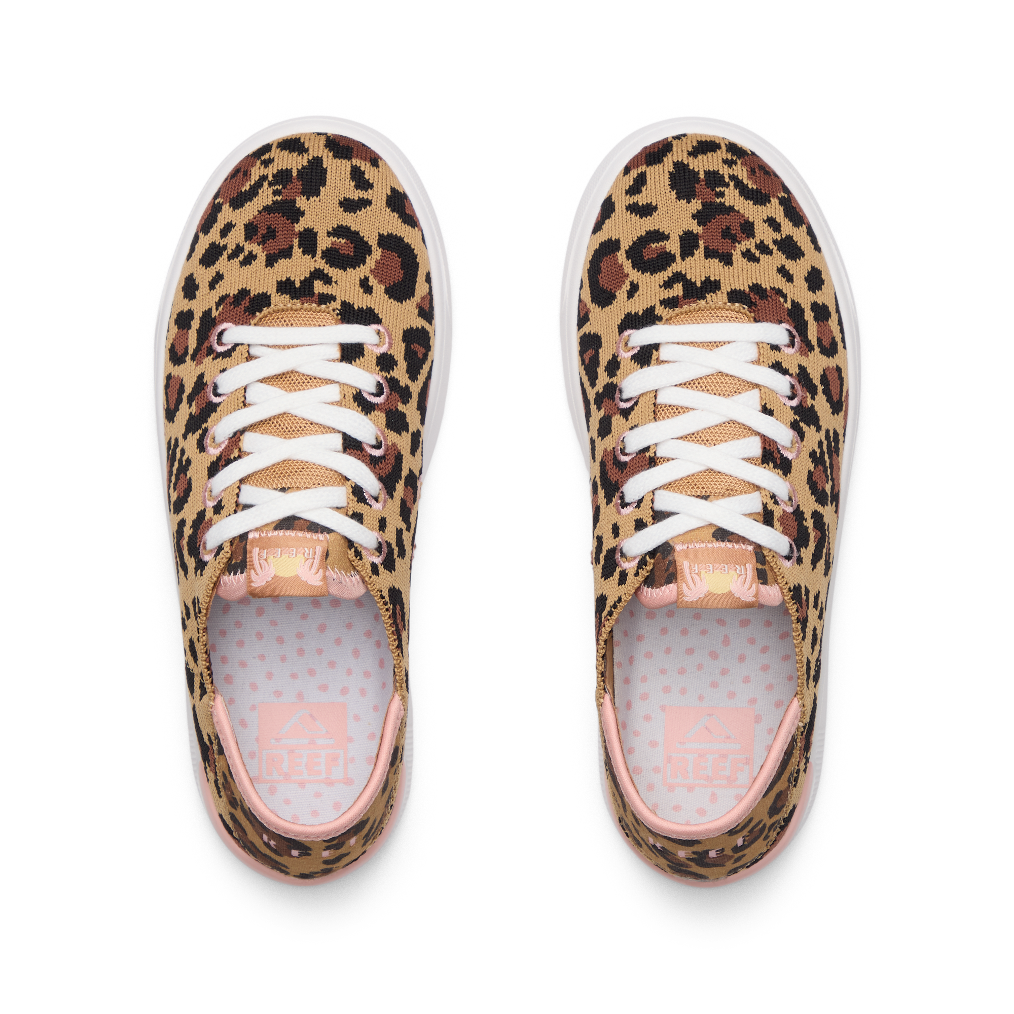 Kids Neptune unisex leopard print sneakers, top view showing laces and cushioned insoles with anatomical arch support.