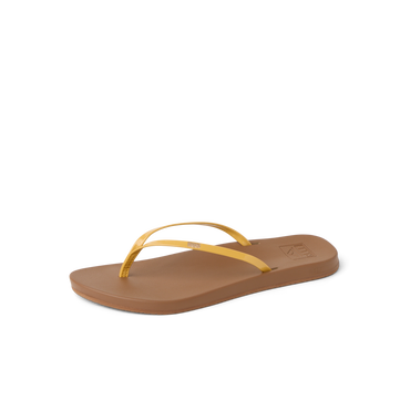 Cushion Slim womens sandal facing right with golden apricot straps, soft-rebound cushioning, and arch support for beach comfort.
