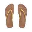 Top view of women's Cushion Slim sandals with golden apricot straps and brown footbeds, designed for beach comfort and support.