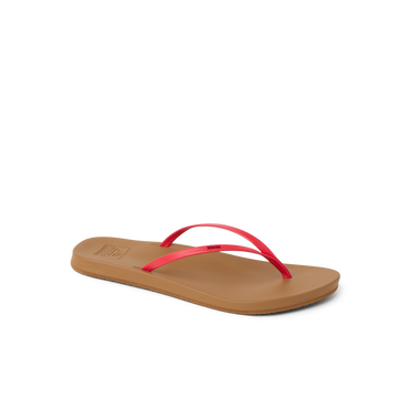 Cushion Slim women's sandal facing right with slim red straps and tan cushioned sole, water-friendly beach footwear.