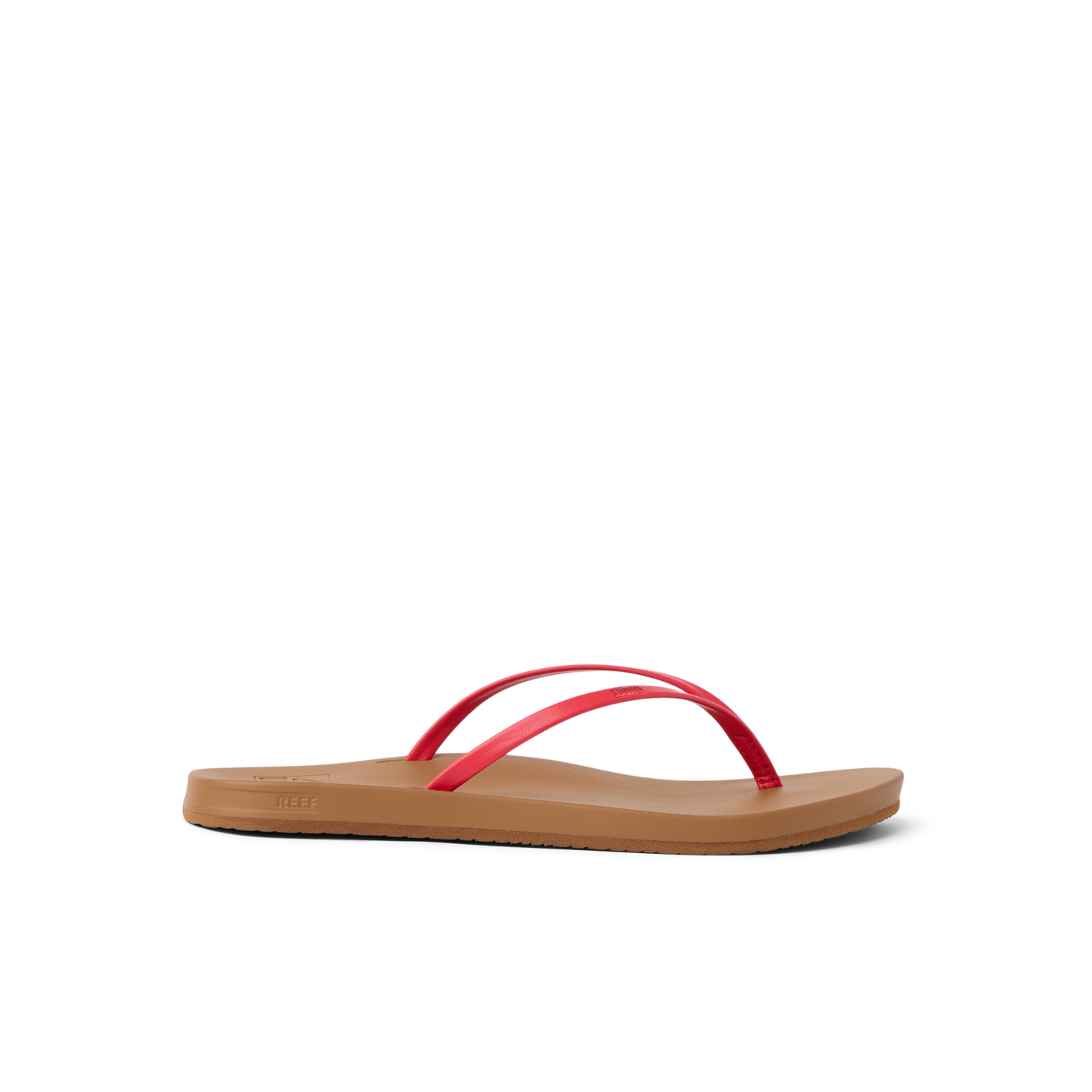 Cushion Slim women's sandal facing right, red straps on tan sole, water-friendly with anatomical arch support.