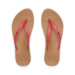 Pair of Cushion Slim women's flip-flops facing up showing tan footbed with red straps, water-friendly and comfort-focused design.