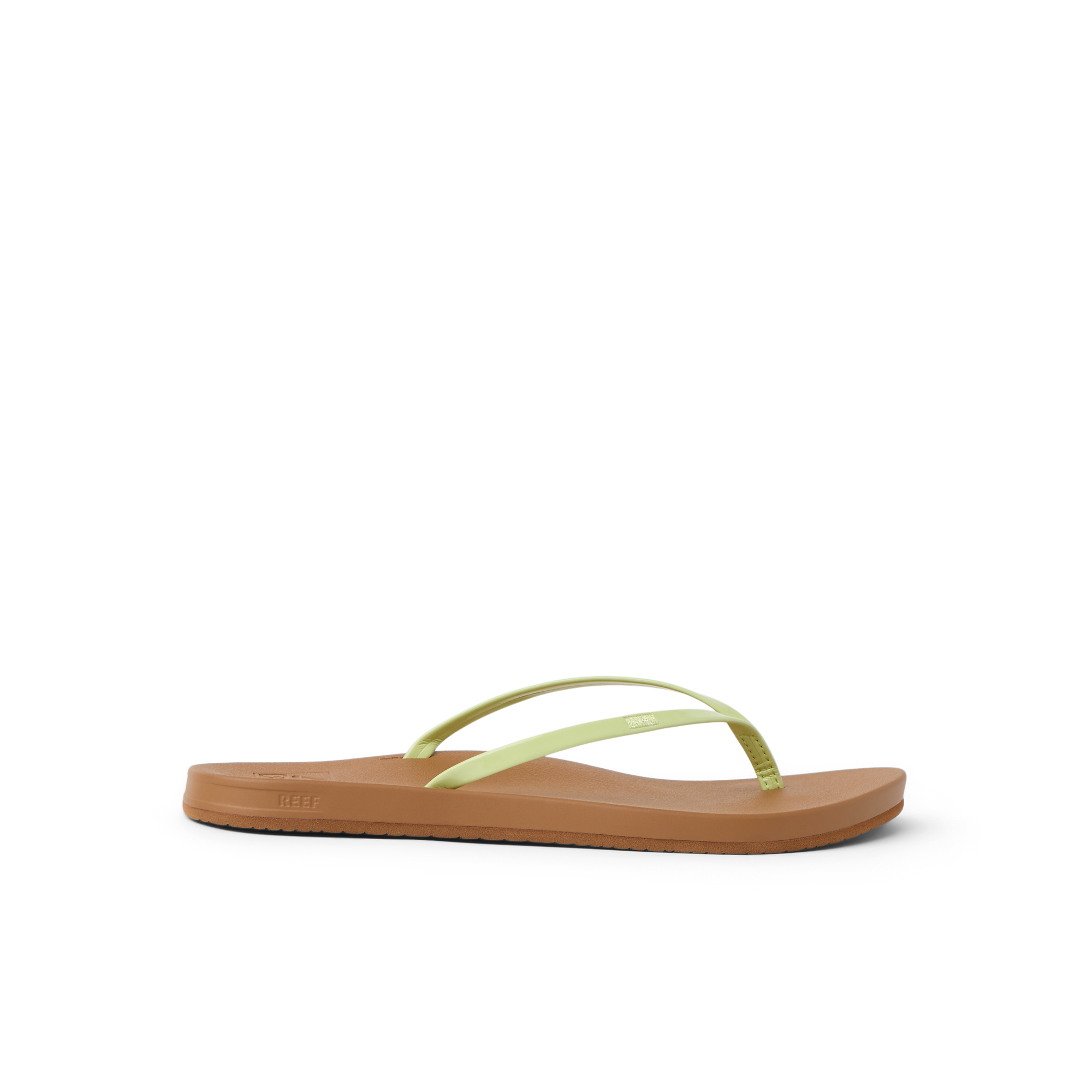 Cushion Slim women's flip flop facing right with lime sherbert straps and cushioned arch support for beach comfort