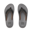Top-down view of men's Cruiser flip flops in raven gray and brown, featuring anatomical arch support and soft cushioning.