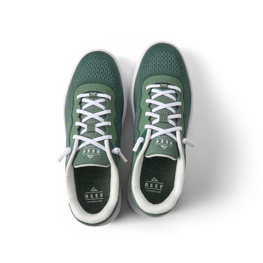Top view of Shoreline Del Mar men's sneakers in green, showing breathable mesh upper and cushioned interior for comfort.