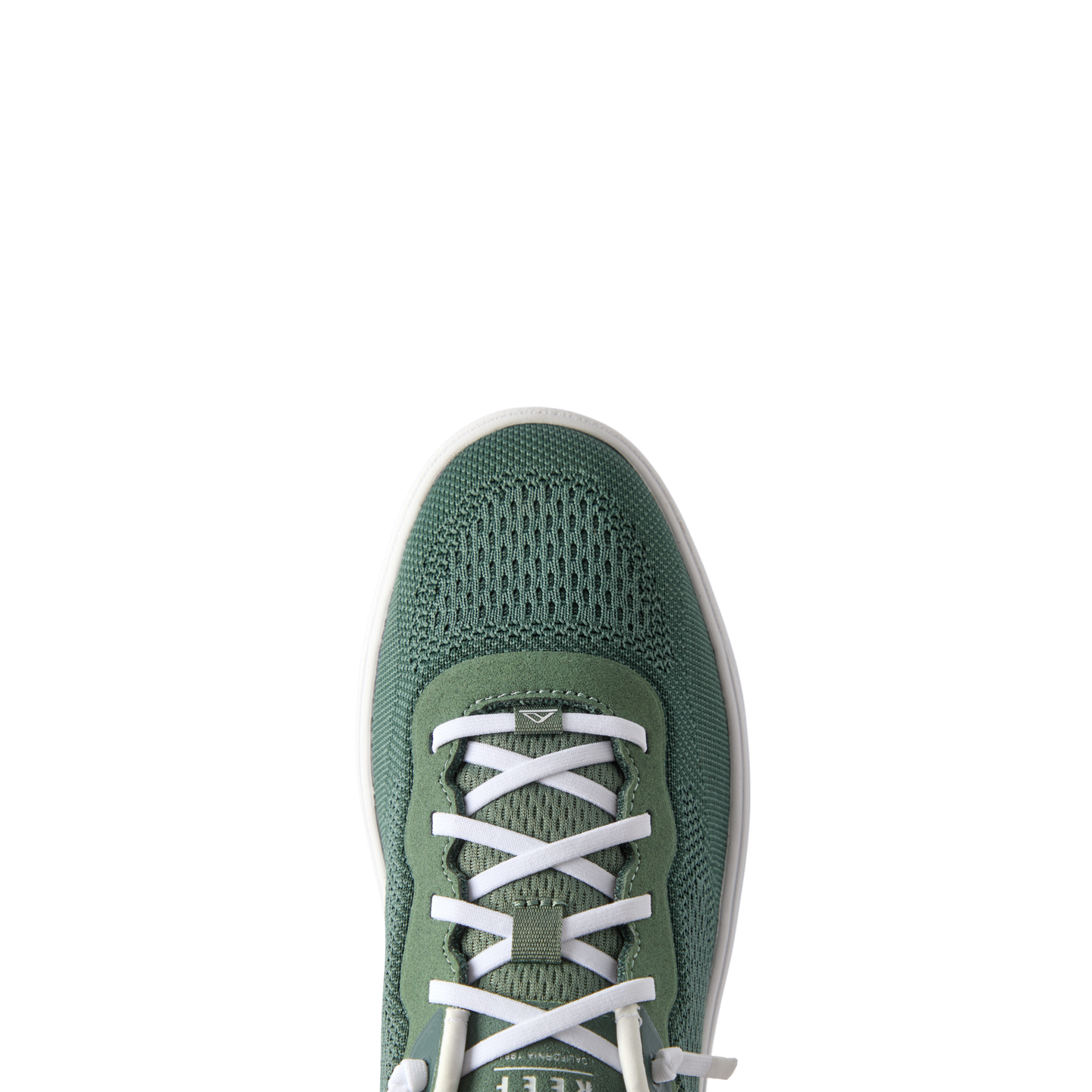 Top view close-up of the green Shoreline Del Mar sneaker with white laces, featuring breathable mesh and comfort-focused design.