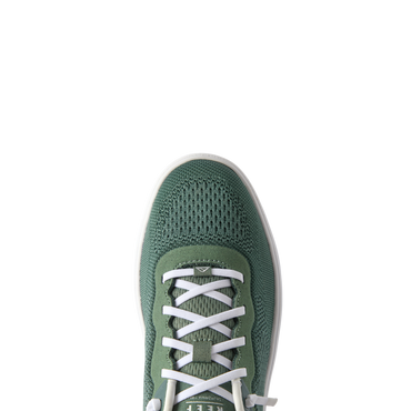 Top view close-up of the green Shoreline Del Mar sneaker with white laces, featuring breathable mesh and comfort-focused design.