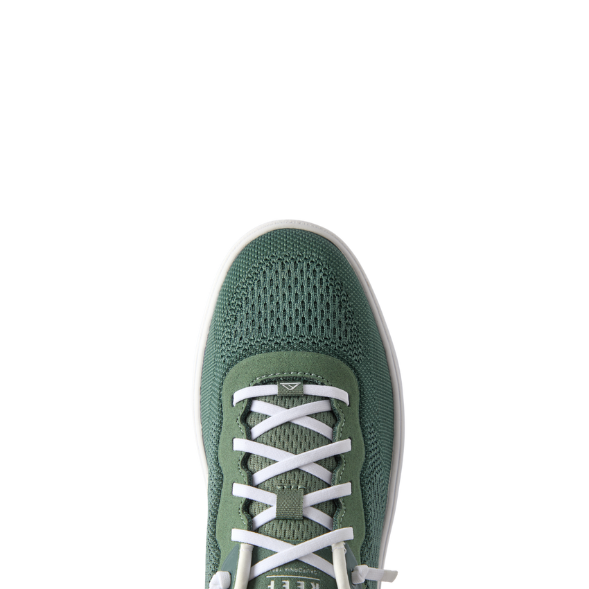 Top view close-up of the green Shoreline Del Mar sneaker with white laces, featuring breathable mesh and comfort-focused design.
