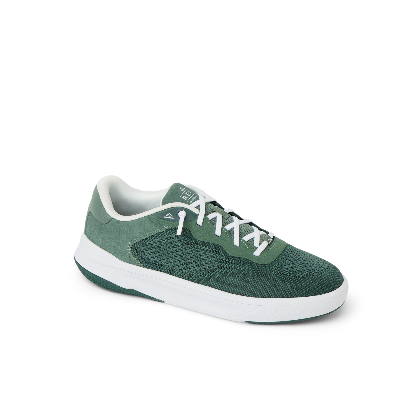Shoreline Del Mar men's sneaker facing right, green breathable mesh with cushioned arch support, beach-inspired comfort
