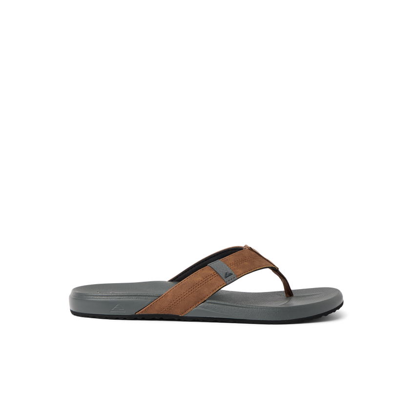 Side view of Cushion Phantom sandal with brown straps and gray cushioned sole for beach and everyday comfort