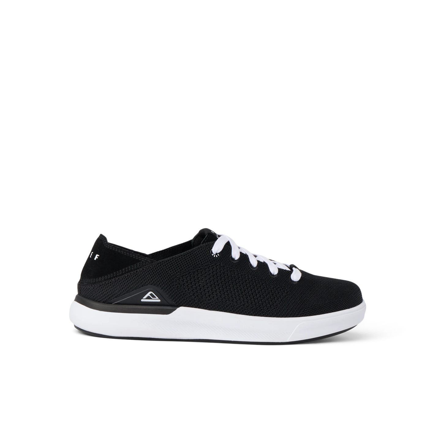 Neptune HT men's black sneaker facing right, showing lightweight knit upper with cushioned white sole, surf-inspired comfort design.