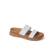 Vista Luxe Thea sandal in dusty blue facing right, close-up of the soft-rebound cushioned footbed and straps.