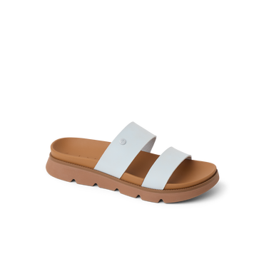 Vista Luxe Thea sandal in dusty blue facing right, close-up of the soft-rebound cushioned footbed and straps.