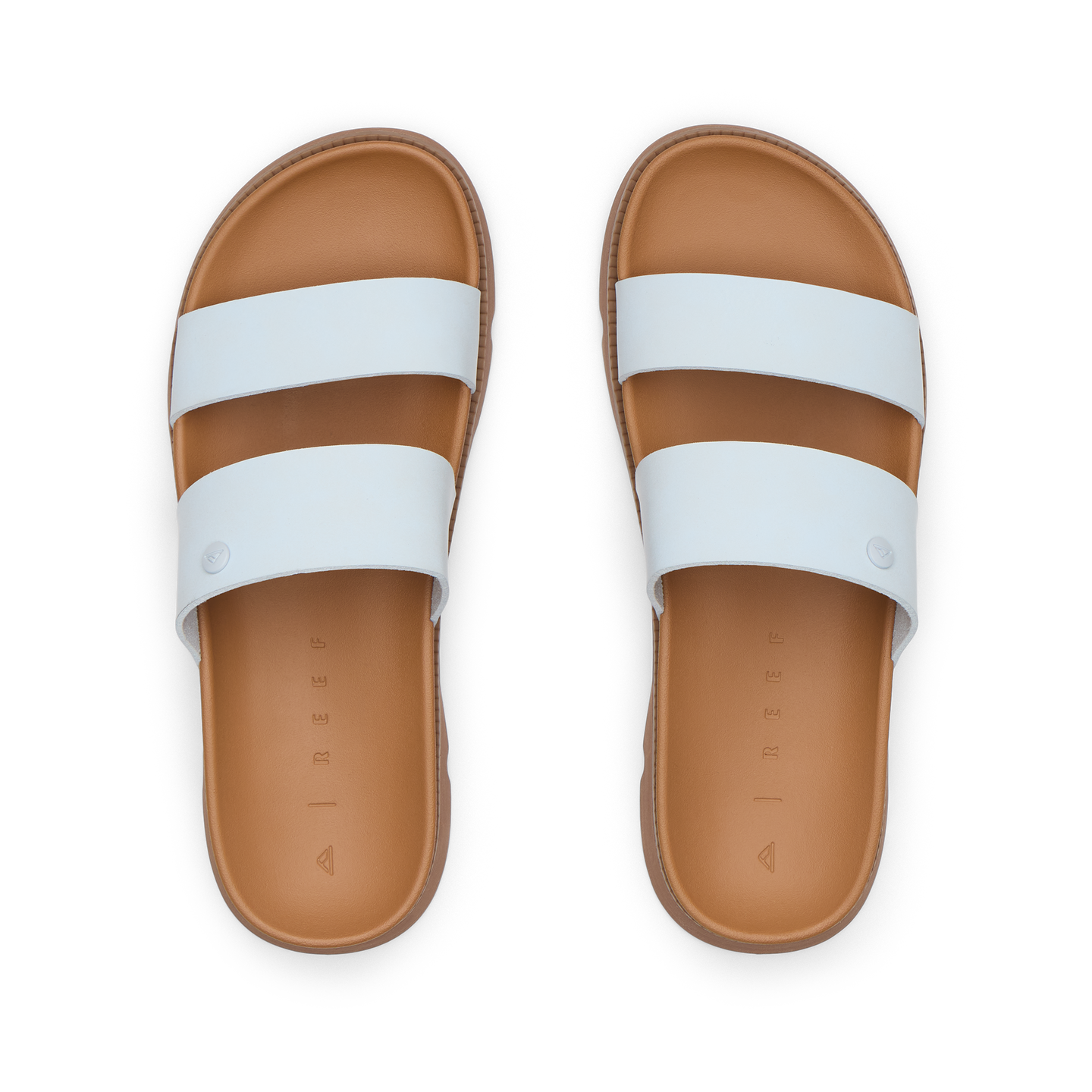 Vista Luxe Thea women's white strap sandals facing up, close-up of soft-rebound cushioned footbeds and arch support