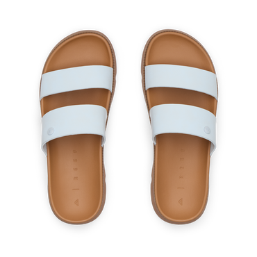 Vista Luxe Thea women's white strap sandals facing up, close-up of soft-rebound cushioned footbeds and arch support