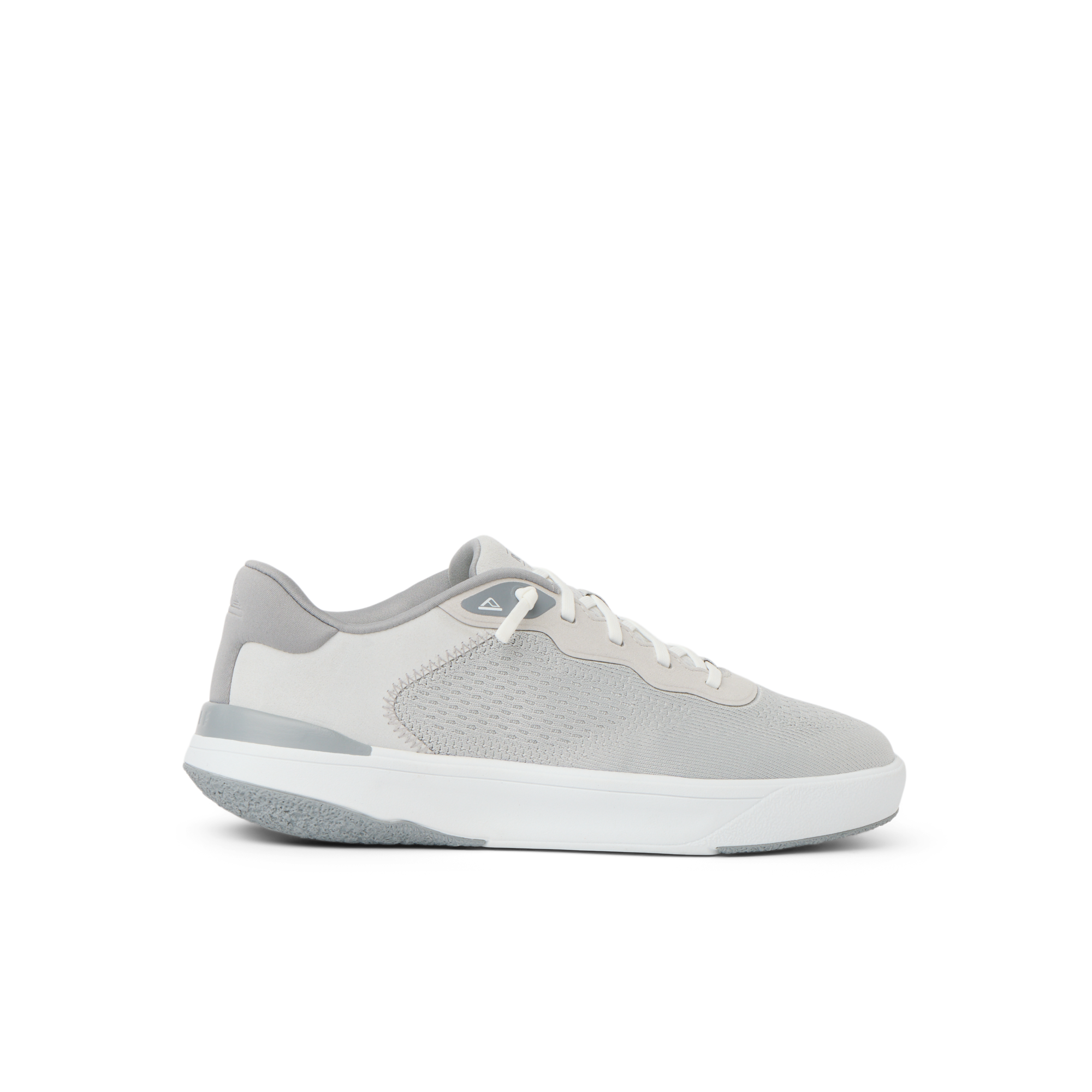 Side view of Shoreline Del Mar men's shoe in light grey, showcasing lightweight, cushioned sole and surf-inspired design.