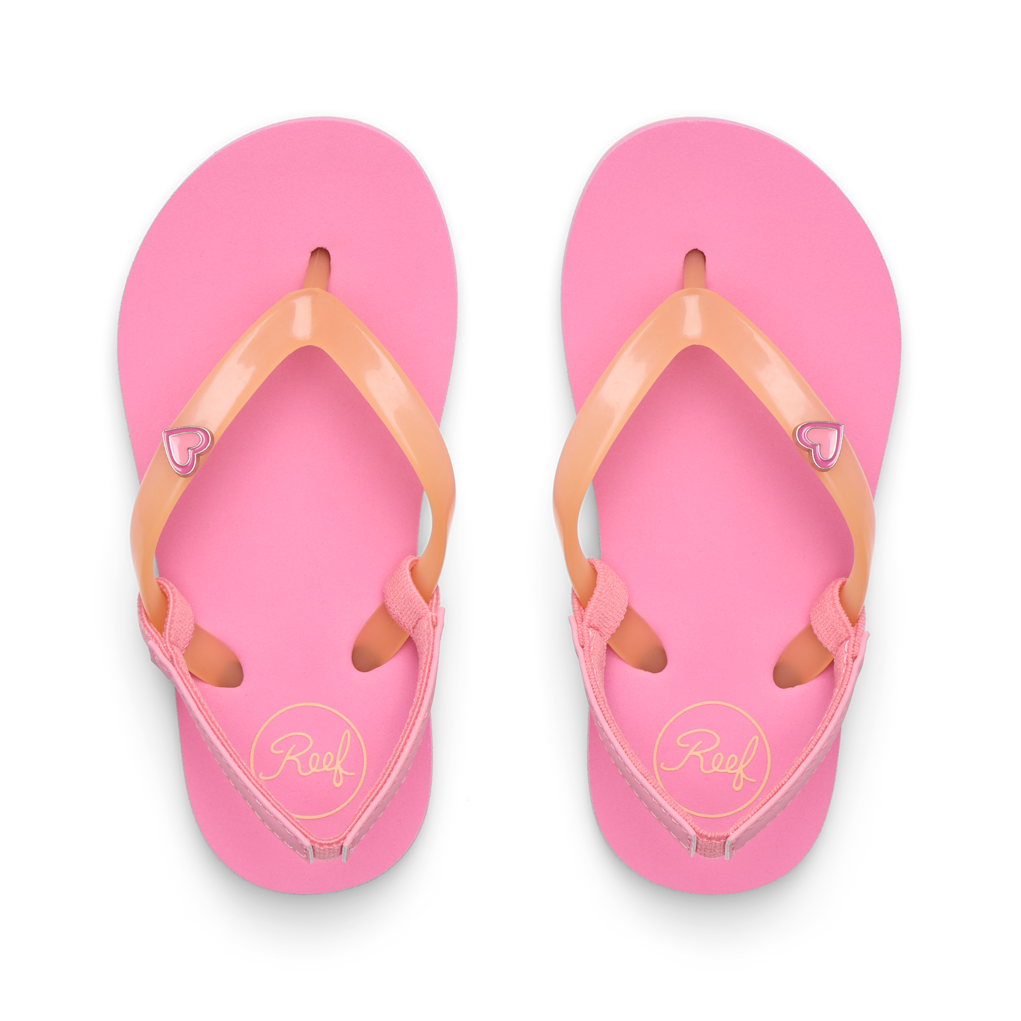 Little Charming pink girls’ sandals viewed from above showing soft straps with heart detail, designed for comfort and beach wear.