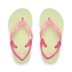 Little Charming girls' flip flops facing up, pink straps with flower detail, lime footbed, comfort focused design.