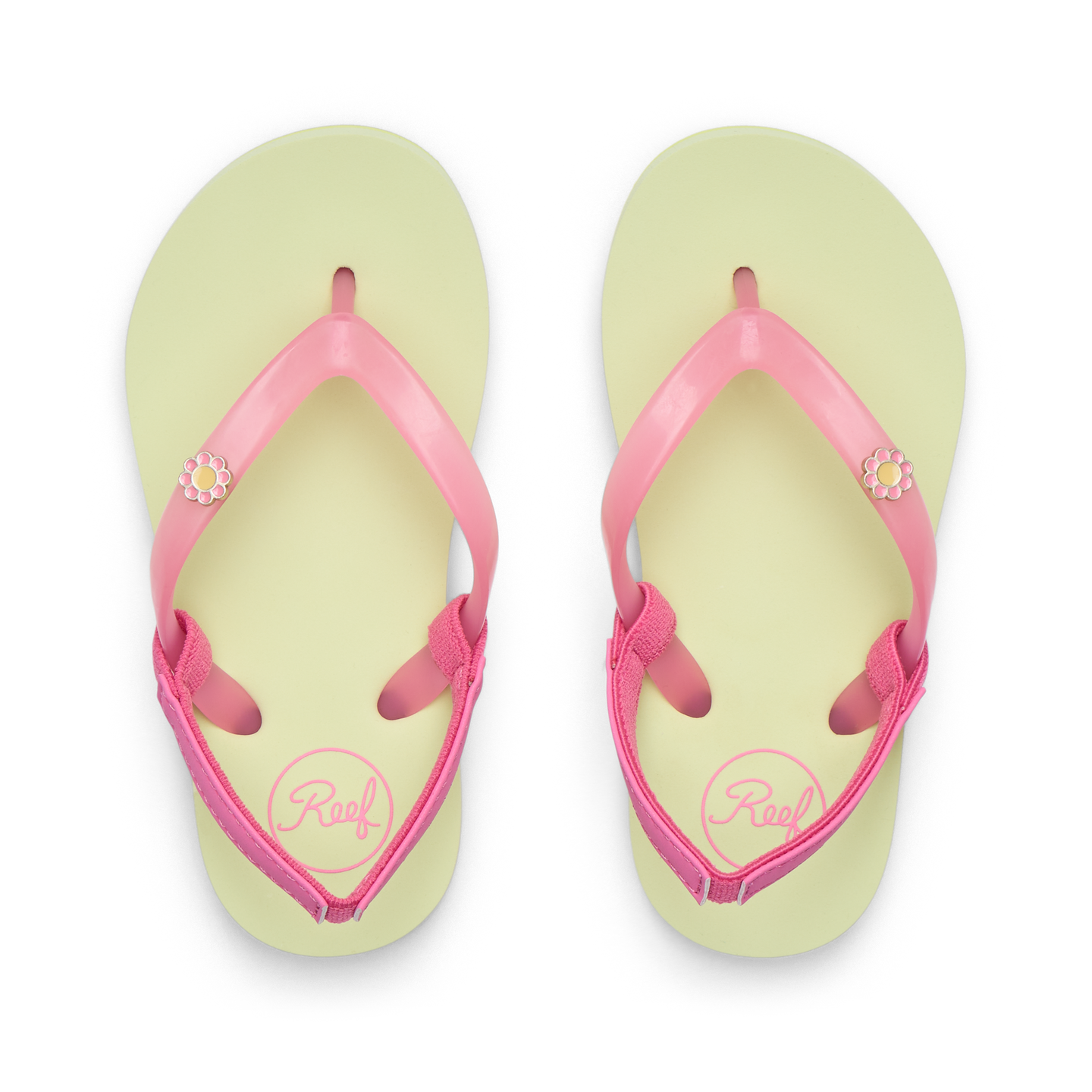 Little Charming girls' flip flops facing up, pink straps with flower detail, lime footbed, comfort focused design.