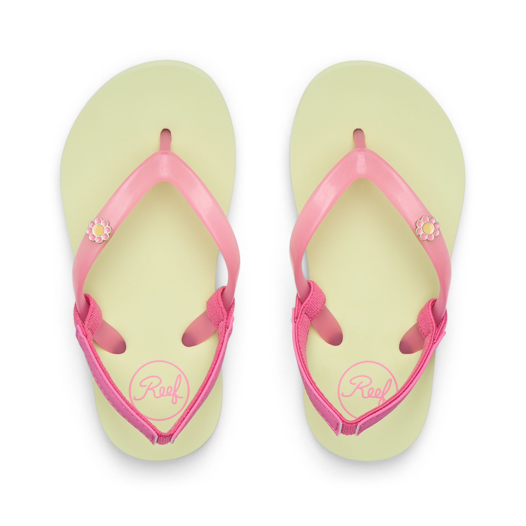 Little Charming girls' flip flops facing up, pink straps with flower detail, lime footbed, comfort focused design.