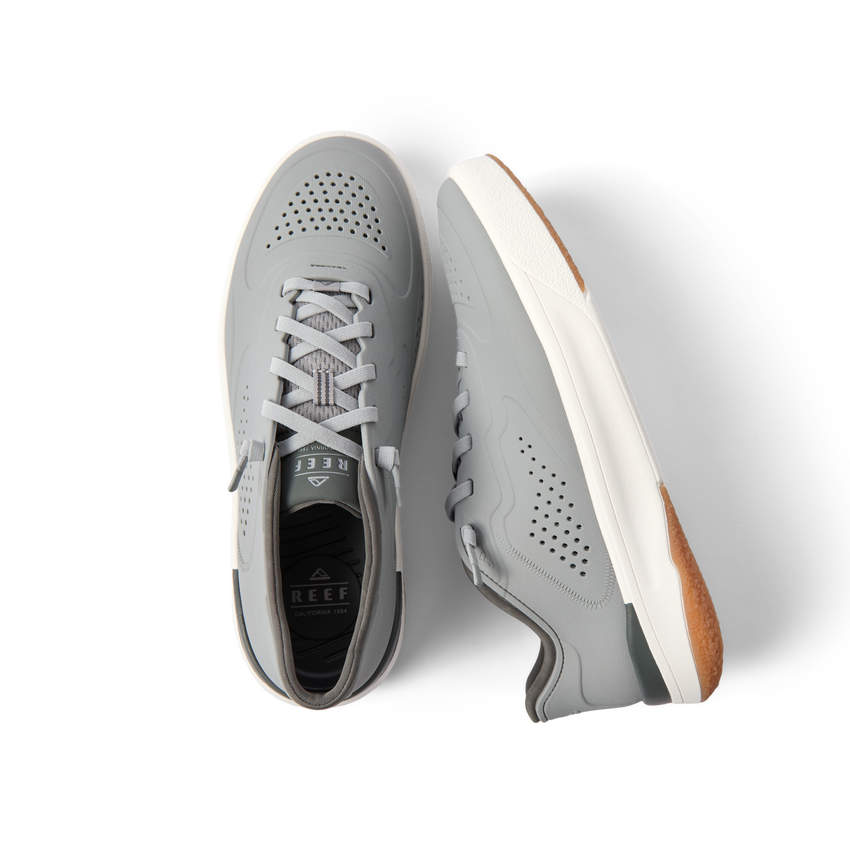 Top view of Shoreline Del Mar H2O grey sneaker facing up and side view facing right, water-friendly with arch support.
