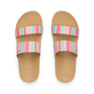 Top view of pair of Kids Cushion Vista sandals for girls with pink multi-color straps and cushioned footbed facing upward.
