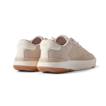 Pair of Shoreline Del Mar men's shoes in light tan facing backward showing heel and side details with cushioning and arch support.