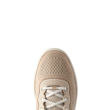 Top view close-up of Shoreline Del Mar men's sneaker in light tan, featuring breathable mesh and comfort cushioning.