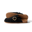 Vista Siena black suede clogs facing left, side view with buckle and textured soles