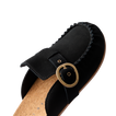 Vista Siena black suede clog close up, facing lower left, with buckle and cork footbed