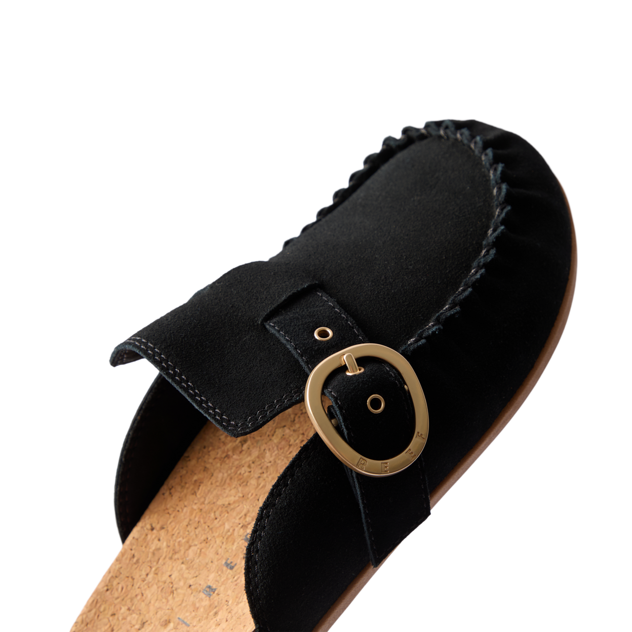 Vista Siena black suede clog close up, facing lower left, with buckle and cork footbed