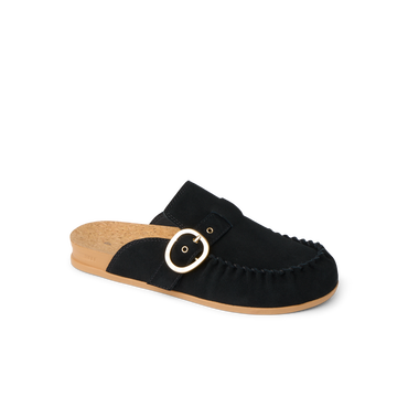 Vista Siena facing right, women's black suede slip-on clog with buckle detail, cork footbed, and anatomical arch support